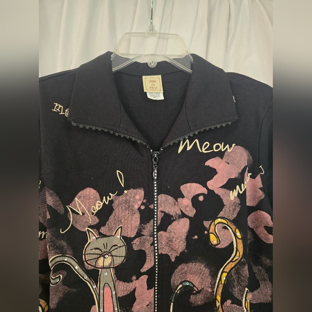 Jess & Jane- Cat Print Black Rhinstone Zip-Up Meow Jacket Size S - Picture 4 of 9